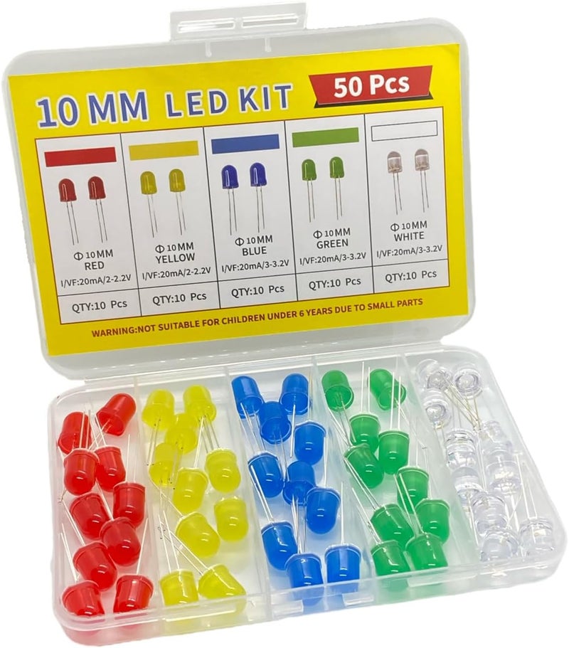ProCircFix 50-Piece 10mm LED Diode Kit (10 Pieces for Each of 5 Colors) - Compatible with Arduino/Low-Voltage Circuits, high-Brightness F10 diffused Light-Emitting diode Combination - Image 1